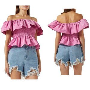 Sea New York Diana Off Shoulder Taffeta Top Pink Small Party Crop Blouse